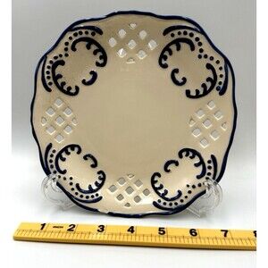 Hand Painted Reticulated Ceramic Platter,  White with Blue scroll work